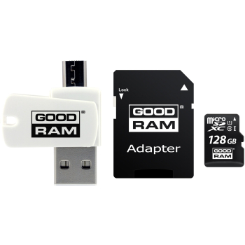 Karta pamięci z adapterem i czytnikiem kart GoodRam All in one M1A4-1280R12 (128GB; Class 10; Adapter, Czytnik kart MicroSDHC, Karta pamięci)
