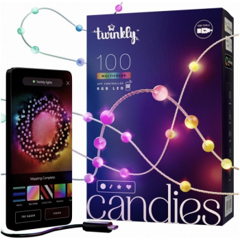 Twinkly Candies – 100 Lampki w kształcie pereł RGB LEDs, zielony przewód, USB-C