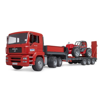 Auto MAN TGA z naczepą niskopodłogową i ładowarką teleskopową Manitou MLT 633 Bruder