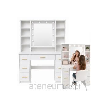 Duża Toaletka Lustro Ze Światłem LED Półki 7 Szuflad Biała 140x100x40 cm