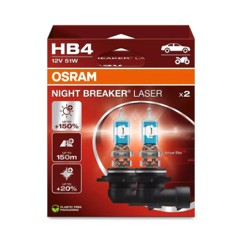 Żarówka (Zestaw 2szt.) HB4 12V 51W P22D, Night Breaker Laser, do 150 m długości wiązki, 150% większa jasność, 20% bielsze światło, biała