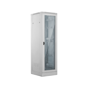 Szafa 24U 600x600, drzwi przednie szklane, drzwi tylne metalowe pełne, zamek, 4 belki nośne, cokół w zestawie, do samodzielnego montażu, kolor szary,