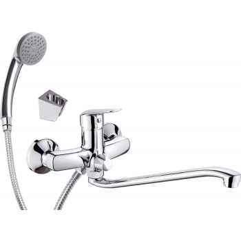 Bateria umywalkowa ścienna z wydłużoną wylewką - podłączenie na wąż i zestaw natryskowy BMO_057M 5908212095621