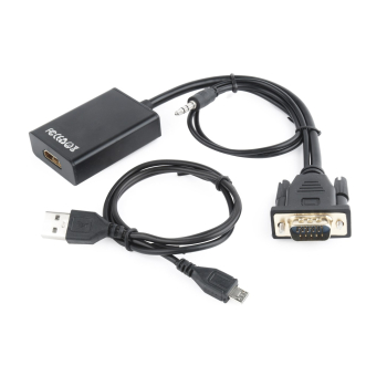 Adapter GEMBIRD A-VGA-HDMI-01 (HDMI F - D-Sub (VGA), Jack stereo 3,5 mm, USB 2.0 M; 0,15m; kolor czarny)