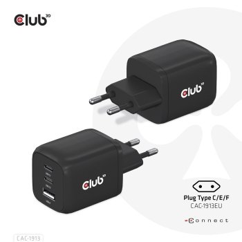 CLUB3D CAC-1913 ładowarka do urządzeń przenośnych Telefon komórkowy, Laptop, Smartfon, Uniwersalne Czarny Prąd przemienny Szybkie ładowanie Wewnętrzna