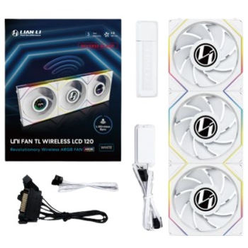 Wentylator Lian Li UNI FAN TL Wireless LCD Lüfter, ARGB, PWM, 3er-Pack inkl. Controller - Reverse Blade, 120 mm, weiß