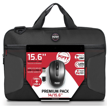 Zestaw torba + mysz PORT DESIGNS Premium Pack 501873 (Top Load; wireless; 1000 DPI; USB-C/USB-A; kolor czarny)-1