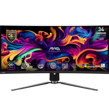 MSI MAG 341CQPDE QD-OLED, 86.4 cm (34") Zakrzywiony, 175Hz, Adaptive Sync, OLED, QD - DP, 2xHDMI-1