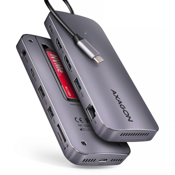 Wieloportowy koncentrator AXAGON HMC-12GM2, USB-C 3.1, M.2-NVMe/SATA, DP+HDMI, Gbit-LAN, 3x USB-A, 1x USB-C, CR-1