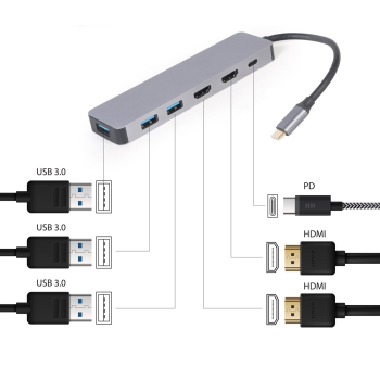 GEMBIRD MULTI ADAPTER USB TYP-C 3W1 SREBRNY HUB USB, HDMI, PD (100W)