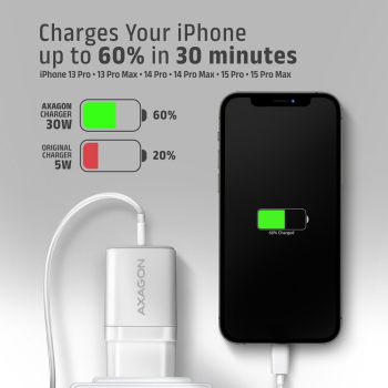 Axagon ACU-PQ30W Ladegerät QC3.0.4.0/AFC/FCP/PPS/Apple+ PD USB-C 30W - weiß - USB Typ C Telefon komórkowy, Smartfon, Smartwatch, Tablet, Uniwersalne B