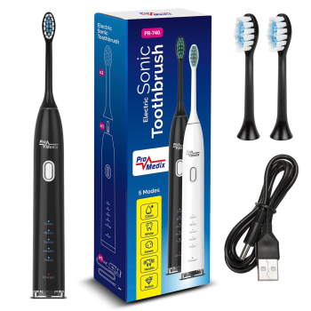 Szczoteczka soniczna do zębów Promedix, kolor czarny,, 5 trybów, timer, wskaźnik poziomu nał. baterii,  2 końcówki, kabel USB, P