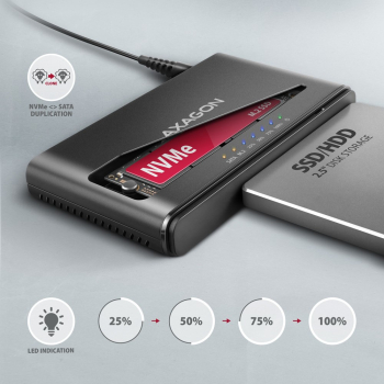Axagon ADSA-CC USB-C 10Gbps - NVMe M.2 SSD & SATA 2.5/3.5 SSD/HDD CLONE MASTER 2 - Digital/Daten - NVMe USB 3.2 Gen 2 (3.1 Gen 2) Type-C Czarny
