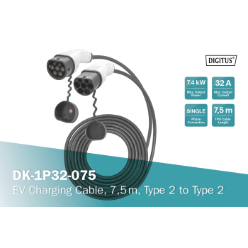 Digitus Kabel do ładowania pojazdów elektrycznych EV, Typ2-Typ2, jednofazowy 230V, 32A, 7.4kW, 7,5m