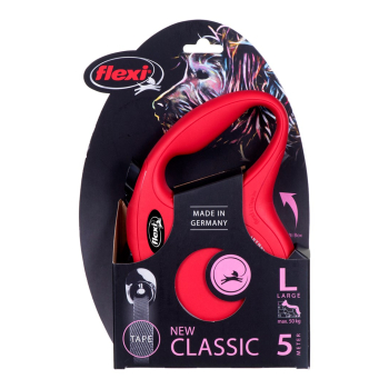 Smycz flexi automatyczna New Classic L taśma 5m - dla psa do 50kg, kolor czerwony
