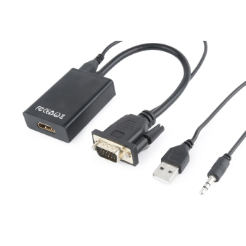 Adapter GEMBIRD A-VGA-HDMI-01 (HDMI F - D-Sub (VGA), Jack stereo 3,5 mm, USB 2.0 M; 0,15m; kolor czarny)