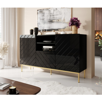 Komoda ABETO na złotym stelażu ze stali 150x42x90 czarny/czarny połysk