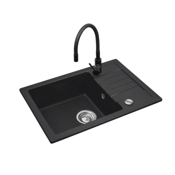 Czarny zestaw zlewozmywak z baterią giętką - zlew MAIDSINKS BALI (62x44) 1B1D czarny + bateria Flessi Black Edition czarna