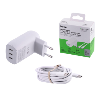 Ładowarka Belkin BoostCharge 3 Port USB-C PD 3.1 PPS Wall Charger 67W + USB-C to USB-C Cable 2m White