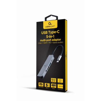 GEMBIRD MULTI ADAPTER USB TYP-C 5W1 (HUB + HDMI + PD + DŹWIĘK STEREO) SREBRNY