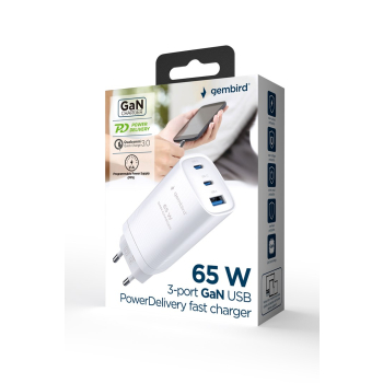 GEMBIRD SZYBKA ŁADOWARKA USB POWER DELIVERY USB TYPU C, 3X USB, 65 W, GAN BIAŁA