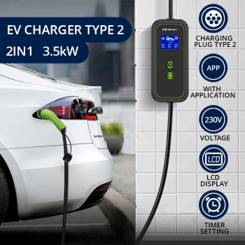 Qoltec 52476 Mobilna ładowarka do samochodu elektrycznego EV z regulacją 2w1 Typ2 | 3.5kW | 230V | Wi-fi | LCD | Przenośna | Wallbox | 5m