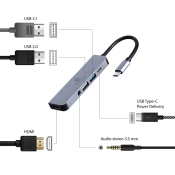 GEMBIRD MULTI ADAPTER USB TYP-C 5W1 (HUB + HDMI + PD + DŹWIĘK STEREO) SREBRNY
