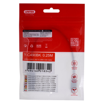 UNITEK KABEL USB-C - USB-A 3.1,M/M,0,25M, Y-C490BK