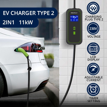 Qoltec Mobilna ładowarka do samochodu elektrycznego EV z regulacją 2w1 Typ2 | 11kW | CEE 5 PIN | LCD | 3 fazy | Przenośna | Wallbox | 5m