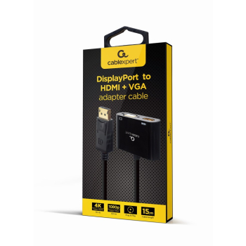 GEMBIRD ADAPTER NA KABLU DISPLAYPORT MĘSKI NA ŻEŃSKI HDMI + ŻEŃSKI VGA CZARNY, 10CM