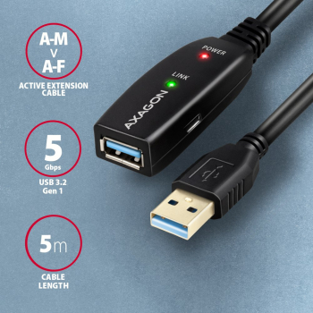 Kabel przedłużacz/repeater Axagon ADR-305 USB 3.2 Gen 1 A-M -> A-F active extension/repeater cable 5m - Kabel - Digital/Daten kabel USB USB 3.2 Gen 1