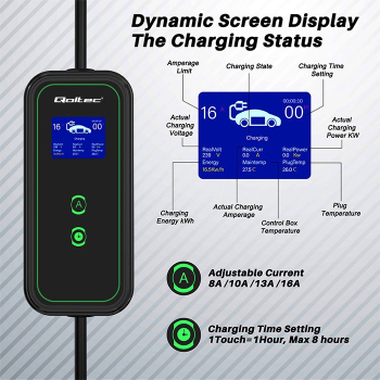 Qoltec 52476 Mobilna ładowarka do samochodu elektrycznego EV z regulacją 2w1 Typ2 | 3.5kW | 230V | Wi-fi | LCD | Przenośna | Wallbox | 5m
