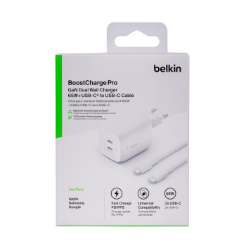 Ładowarka Belkin BoostCharge Pro Dual USB-C PD 3.0 PPS GaN Wall Charger 65W + USB-C to USB-C Cable 2m White