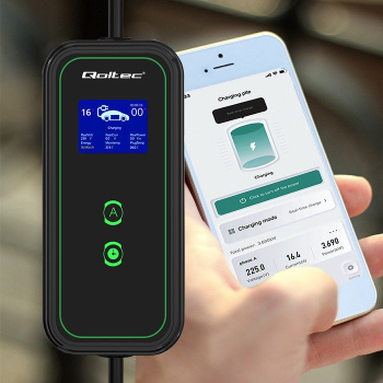 Qoltec 52476 Mobilna ładowarka do samochodu elektrycznego EV z regulacją 2w1 Typ2 | 3.5kW | 230V | Wi-fi | LCD | Przenośna | Wallbox | 5m