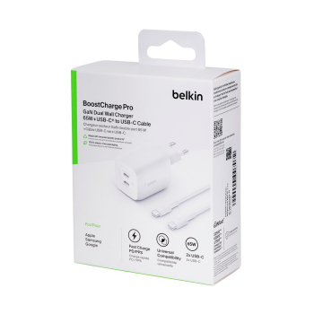 Ładowarka Belkin BoostCharge Pro Dual USB-C PD 3.0 PPS GaN Wall Charger 65W + USB-C to USB-C Cable 2m White