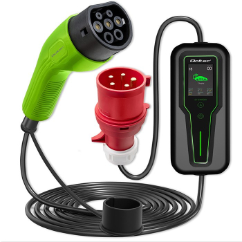 Qoltec 52467 Mobilna ładowarka do samochodu elektrycznego EV z regulacją 2w1 Typ2 | 11kW | 3 Fazy | CEE 5 PIN| LCD |Przenośna | Wallbox | 5m