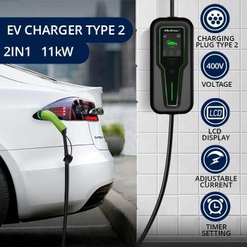 Qoltec 52467 Mobilna ładowarka do samochodu elektrycznego EV z regulacją 2w1 Typ2 | 11kW | 3 Fazy | CEE 5 PIN| LCD |Przenośna | Wallbox | 5m
