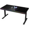 Dual-motor sit/stand adjustable-height gaming desk with built-in PC case, wireless charger, RGB lighting, control panel, and USB ports, tempered glass