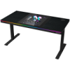 Dual-motor sit/stand adjustable-height gaming desk with built-in PC case, wireless charger, RGB lighting, control panel, and USB ports, PB melamine su
