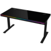 Dual-motor sit/stand adjustable-height gaming desk with wireless charger, RGB lighting, control panel, and USB ports, solid tempered glass tabletop, b
