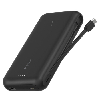 Belkin Powerbank 20 000 mAh, 30W, wbudowany kabel USB-C, USB-C, USB-A, czarny