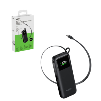 Belkin BPB041HQBK UltraCharge Powerbank 11 000 mAh z wysuwanym kablem USB-C, 60W, z wyświetlaczem Belkin BPB041HQBK UltraCharge Powerbank 11 000 mAh z wysuwanym kablem USB-C, 60W, z wyświetlaczem