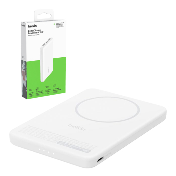Belkin BoostCharge Powerbank 5000 mAh, Qi2 15W, z podstawką, biały Belkin BoostCharge Powerbank 5000 mAh, Qi2 15W, z podstawką, biały