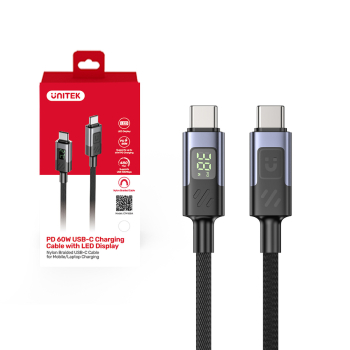 Unitek Przewód USB-C PD 60W 480Mbps z wyświetlaczem 2m z oplotem czarny Unitek Przewód USB-C PD 60W 480Mbps z wyświetlaczem 2m z oplotem czarny