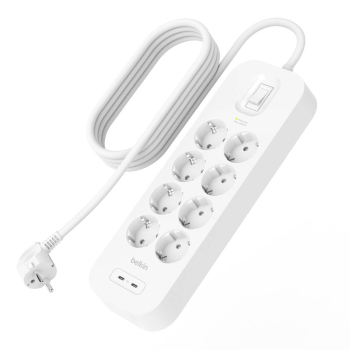 Belkin Listwa zasilająca przeciwprzepięciowa 900J, 8 gniazd Schuko, 2x USB-C PD 30W, 2m Belkin Listwa zasilająca przeciwprzepięciowa 900J, 8 gniazd Schuko, 2x USB-C PD 30W, 2m