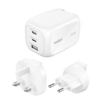 Belkin Ładowarka 100W GaN, 2x USB-C, USB-A, podróżna (EU, US, UK), biała