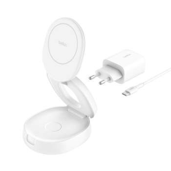 Belkin Ładowarka magnetyczna 2w1, składana, Qi2 15W, zasilacz 30W, biała