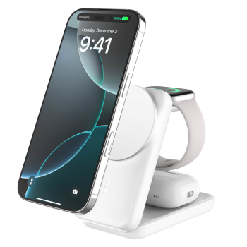 Belkin Ładowarka magnetyczna Qi2 25W, 3w1, składana, zasilacz 45W, biała Belkin Ładowarka magnetyczna Qi2 25W, 3w1, składana, zasilacz 45W, biała