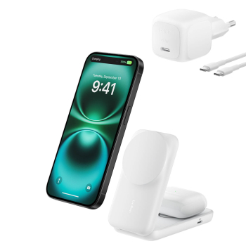 Belkin Ładowarka magnetyczna Qi2 25 W, składana 2w1, zasilacz 45W, biała