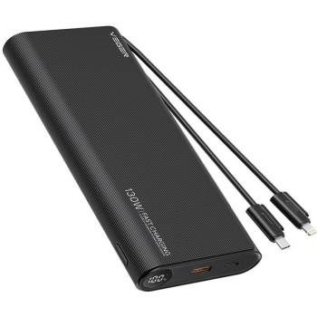 Powerbank Veger 25000 mAh 130 W PD QC 3.0 USB-A USB-C czarny z kablami USB-C i Lightning